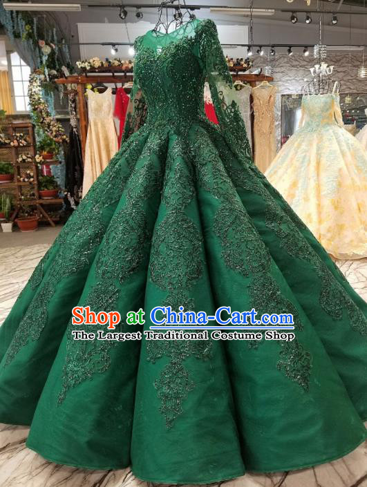 Top Grade Embroidered Green Full Dress Customize Modern Fancywork Princess Waltz Dance Costume for Women