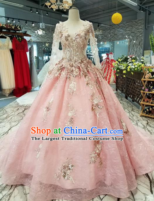 Top Grade Embroidered Pink Veil Full Dress Customize Modern Fancywork Princess Waltz Dance Costume for Women