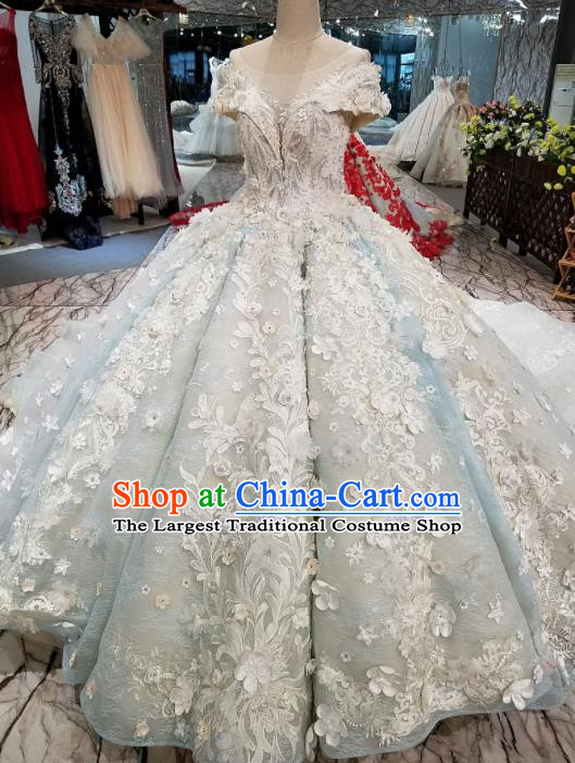 Top Grade Embroidered Long Trailing Blue Full Dress Customize Modern Fancywork Princess Waltz Dance Costume for Women