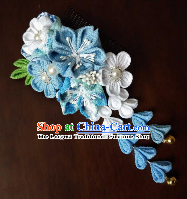 Traditional Japan Geisha Blue Sakura Tassel Hair Claw Japanese Kimono Hair Accessories for Women