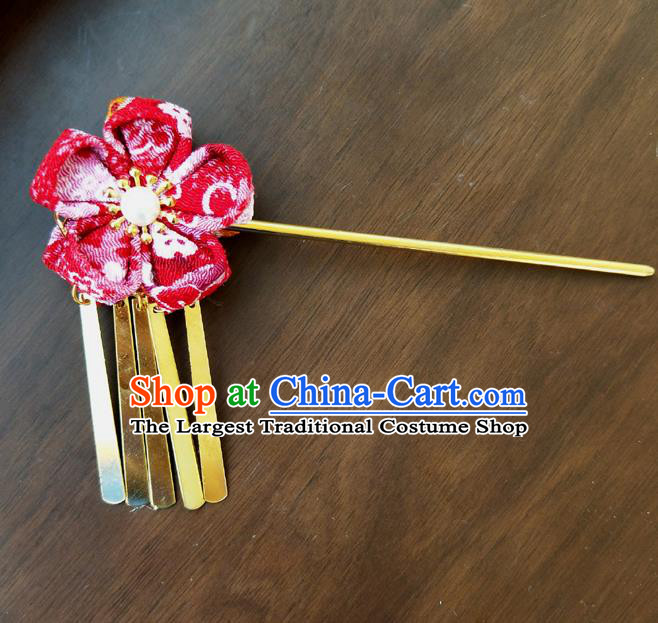 Traditional Japan Geisha Red Sakura Hairpin Japanese Kimono Hair Accessories for Women