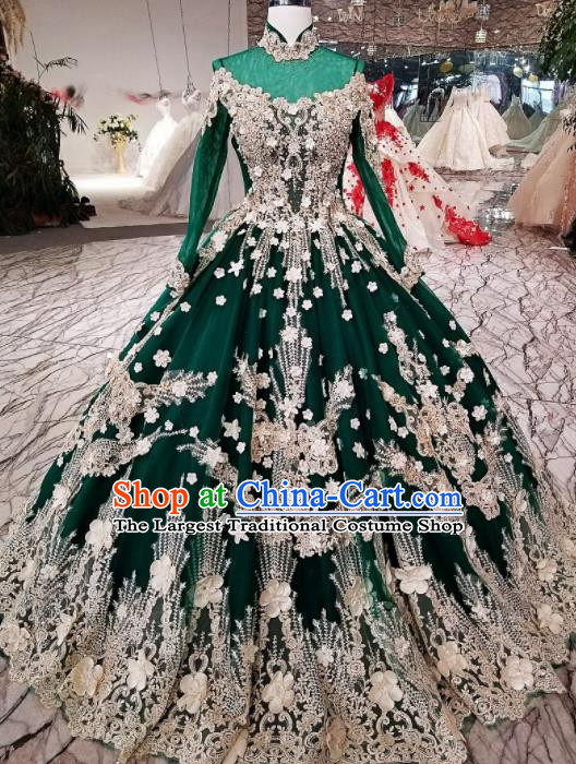 Top Grade Court Handmade Diamante Green Full Dress Customize Modern Fancywork Waltz Dance Costume for Women