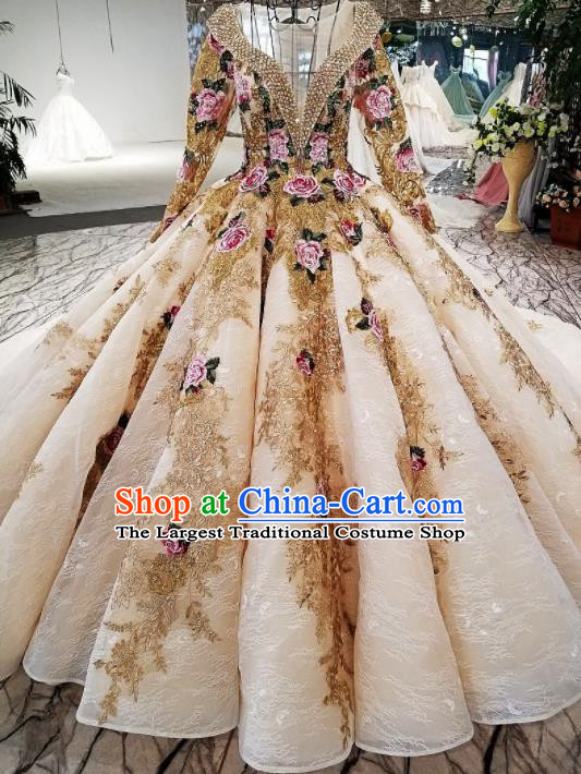 Top Grade Court Handmade Champagne Full Dress Customize Modern Fancywork Waltz Dance Costume for Women