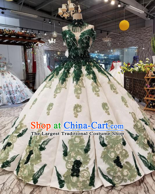 Top Grade Modern Fancywork Court Green Lace Full Dress Customize Princess Waltz Dance Costume for Women