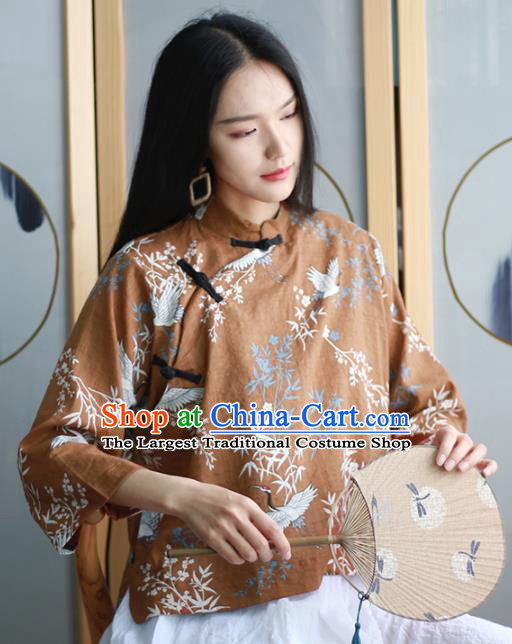 Chinese Traditional National Costume Printing Brown Blouse Tang Suit Upper Outer Garment for Women