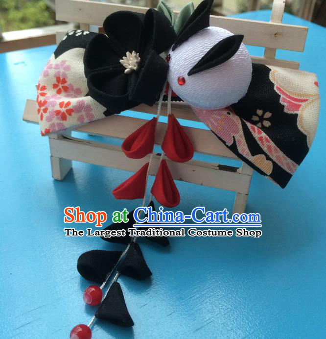 Traditional Japan Black Bowknot Rabbit Tassl Hair Claw Japanese Kimono Hair Accessories for Women