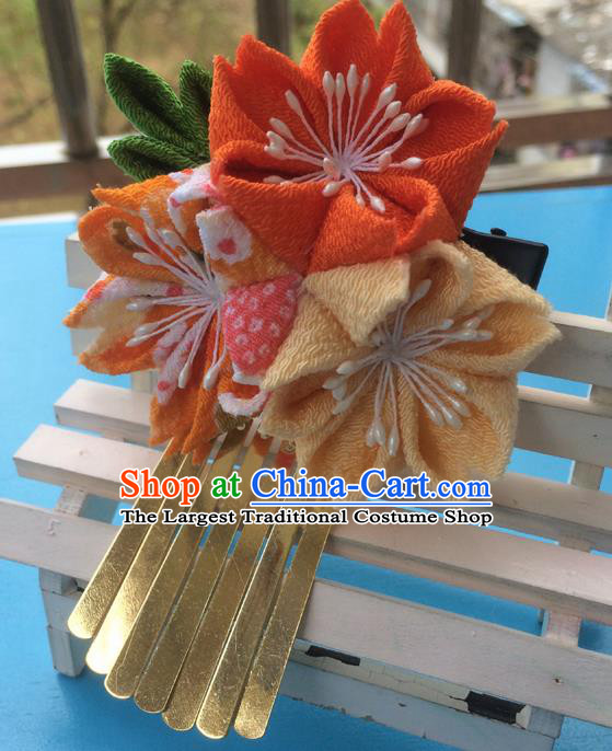 Traditional Japan Orange Sakura Tassel Hair Claw Japanese Kimono Hair Accessories for Women