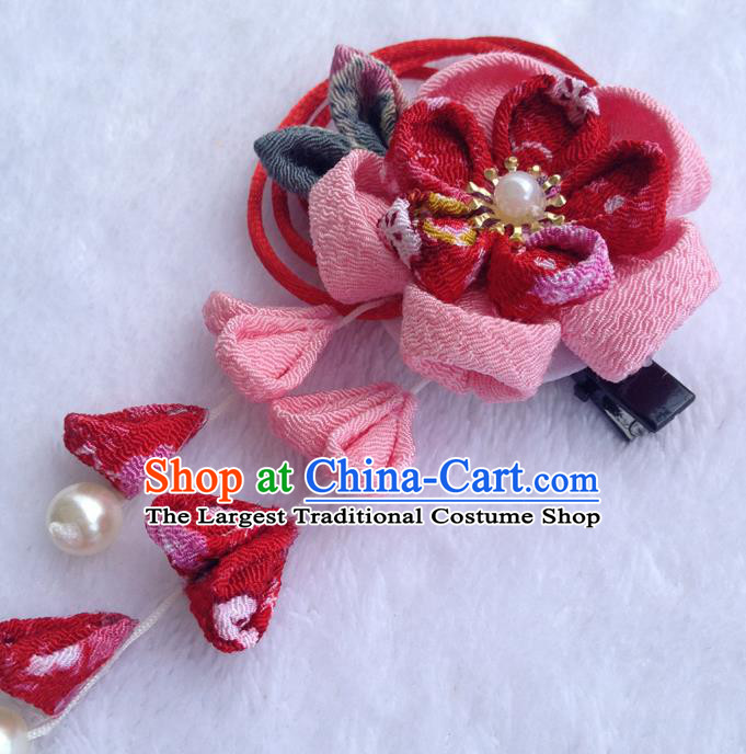 Traditional Japan Red Silk Sakura Tassel Hair Claw Japanese Kimono Hair Accessories for Women