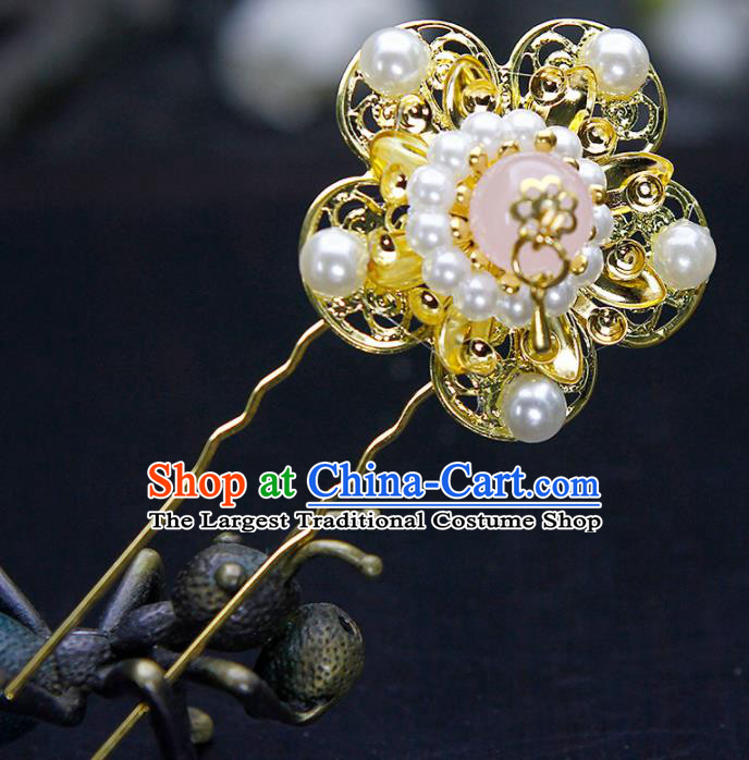 China Ancient Princess Pearls Plum Blossom Golden Hairpins Chinese Traditional Hanfu Hair Accessories for Women