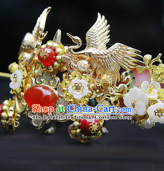 China Ancient Swordsman Red Bead Cranes Hairdo Crown Hairpins Chinese Traditional Hanfu Hair Accessories for Men