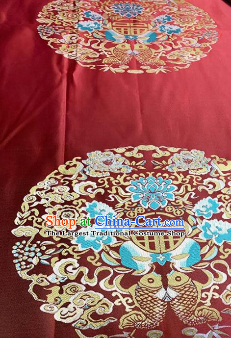 Asian Chinese Traditional Double Fishes Lotus Pattern Design Red Brocade Fabric Silk Fabric Chinese Fabric Asian Material