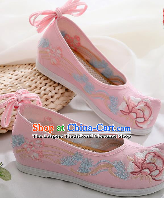 Chinese Traditional Hanfu Shoes Ancient Princess Embroidered Peony Pink Shoes National Cloth Shoes for Women