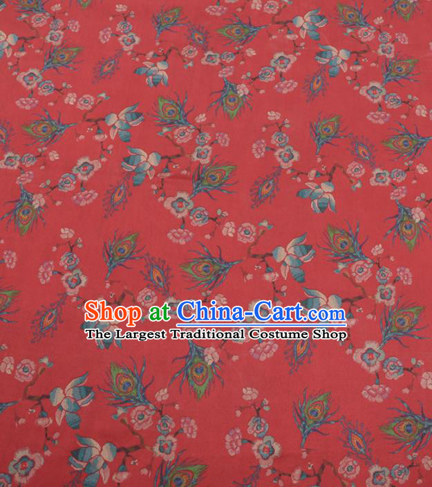 Chinese Traditional Phoenix Feather Pattern Design Red Satin Watered Gauze Brocade Fabric Asian Silk Fabric Material