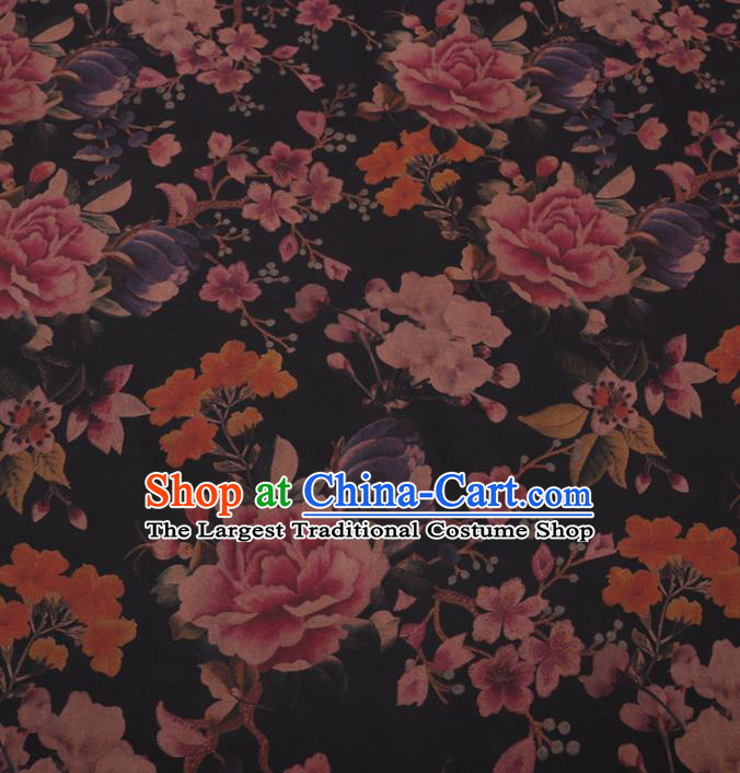 Chinese Traditional Peony Pattern Design Black Satin Watered Gauze Brocade Fabric Asian Silk Fabric Material