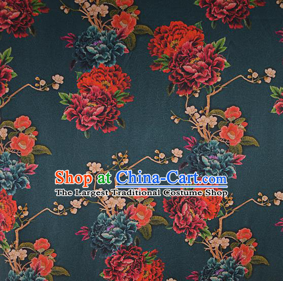 Chinese Traditional Peony Pattern Design Atrovirens Satin Watered Gauze Brocade Fabric Asian Silk Fabric Material