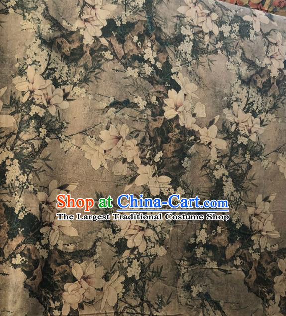 Chinese Traditional Magnolia Pattern Design Grey Satin Watered Gauze Brocade Fabric Asian Silk Fabric Material