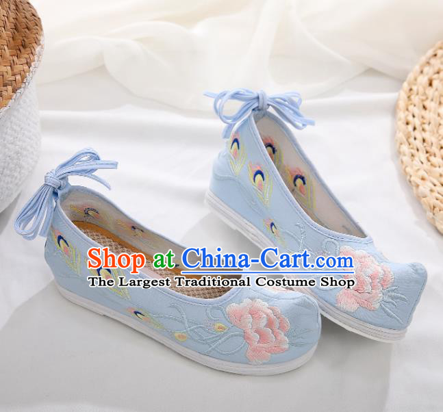 Chinese Traditional Hanfu Shoes Ancient Princess Embroidered Peony Blue Shoes National Cloth Shoes for Women