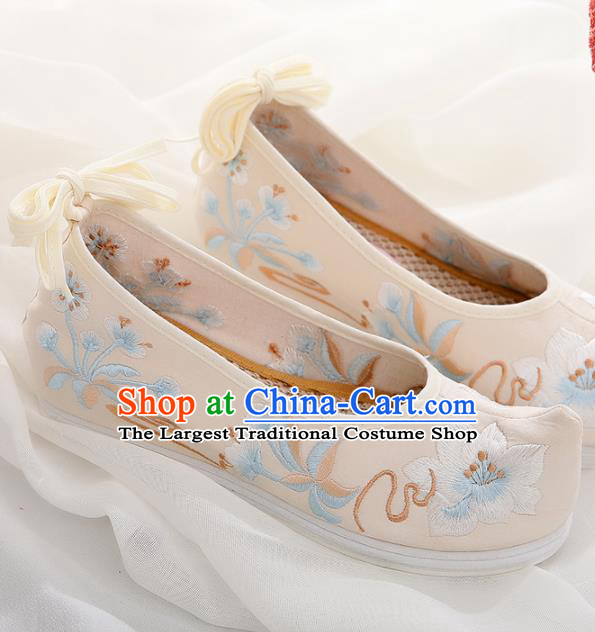 Chinese Traditional Hanfu Shoes Ancient Princess Embroidered Peach Blossom Beige Shoes National Cloth Shoes for Women