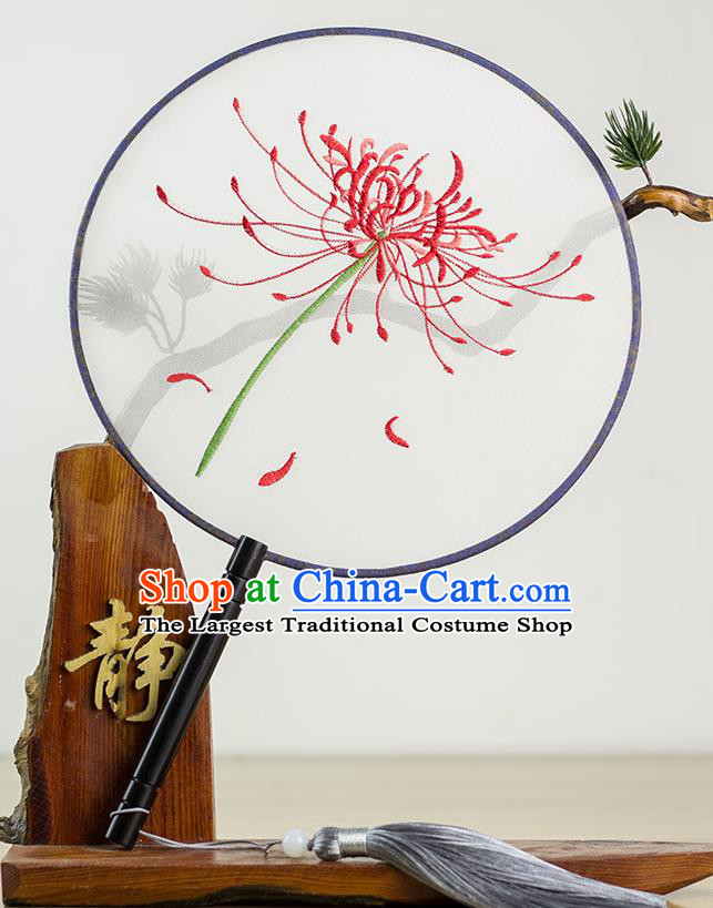 Chinese Traditional Hanfu Embroidered Red Spider Lily Palace Fans Ancient Princess Dance Silk Round Fan for Women