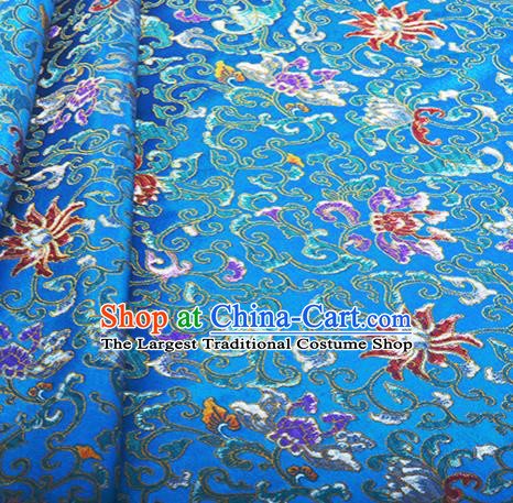 Chinese Traditional Hanfu Silk Fabric Classical Lotus Pattern Design Blue Brocade Tang Suit Fabric Material