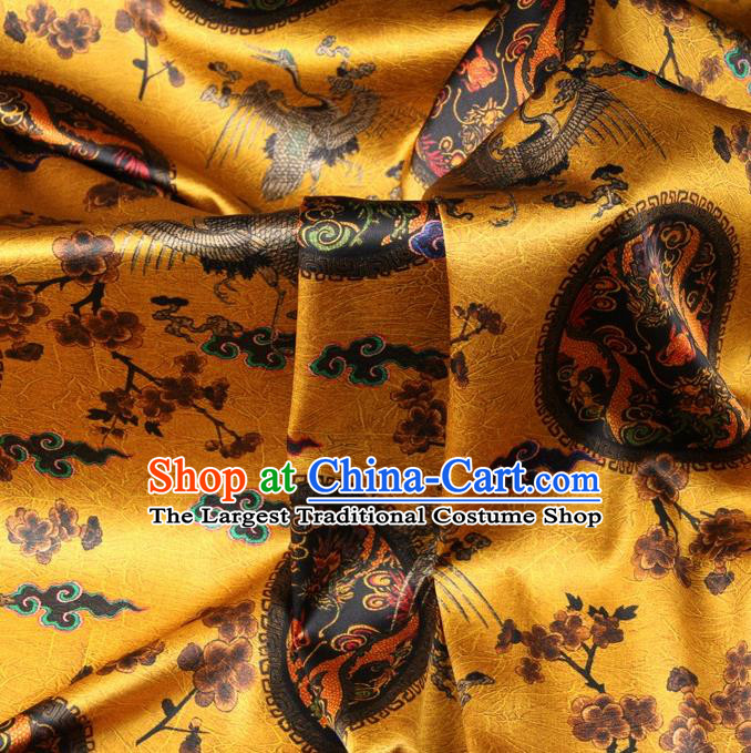 Chinese Traditional Dragon Crane Pattern Design Golden Satin Watered Gauze Brocade Fabric Asian Silk Fabric Material