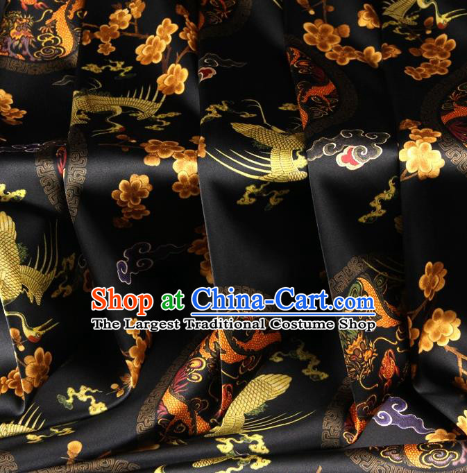 Chinese Traditional Dragon Crane Pattern Design Black Satin Watered Gauze Brocade Fabric Asian Silk Fabric Material