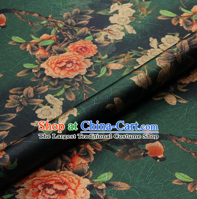 Chinese Traditional Peony Flowers Pattern Design Green Satin Watered Gauze Brocade Fabric Asian Silk Fabric Material