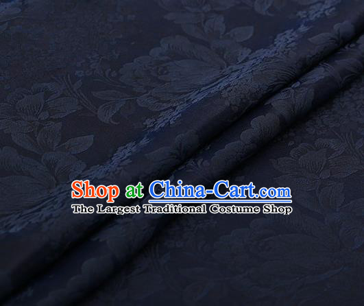 Chinese Traditional Peony Pattern Design Navy Blue Satin Watered Gauze Brocade Fabric Asian Silk Fabric Material