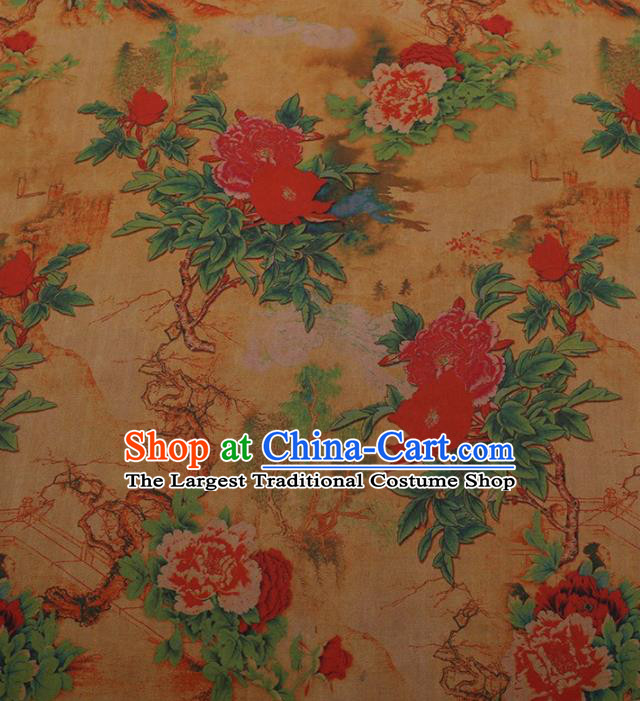 Traditional Chinese Satin Classical Peony Pattern Design Yellow Watered Gauze Brocade Fabric Asian Silk Fabric Material