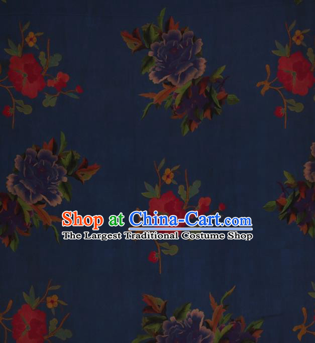 Traditional Chinese Satin Classical Peony Flowers Pattern Design Navy Watered Gauze Brocade Fabric Asian Silk Fabric Material