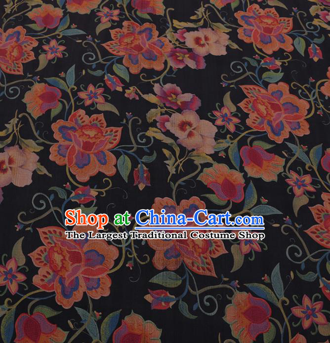 Traditional Chinese Satin Classical Twine Flowers Pattern Design Navy Watered Gauze Brocade Fabric Asian Silk Fabric Material