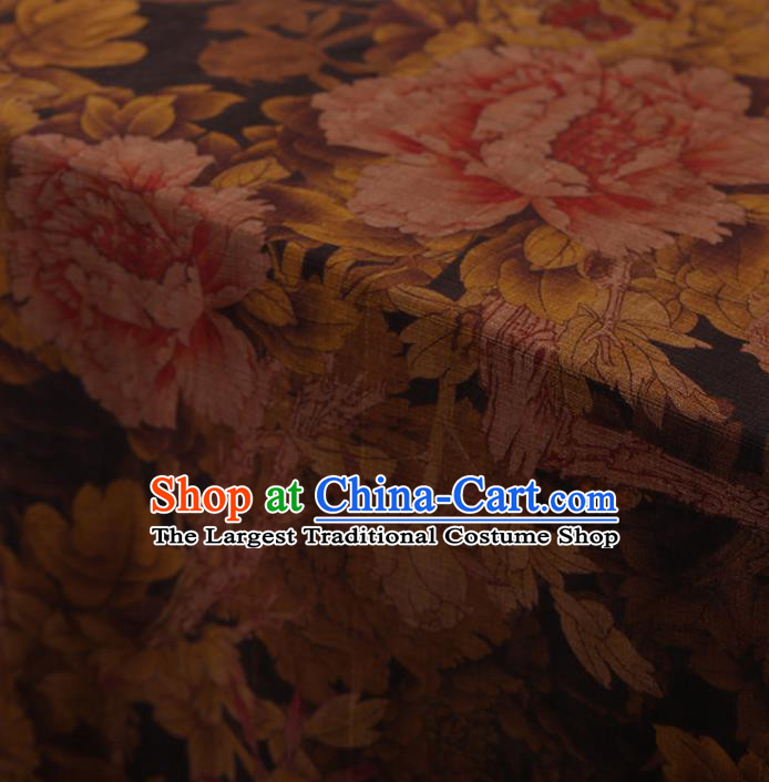 Traditional Chinese Classical Peony Pattern Design Brown Satin Watered Gauze Brocade Fabric Asian Silk Fabric Material