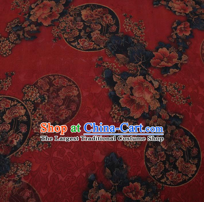 Traditional Chinese Satin Classical Round Peony Pattern Design Red Watered Gauze Brocade Fabric Asian Silk Fabric Material