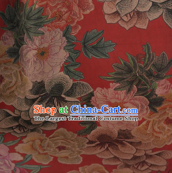 Traditional Chinese Classical Embroidered Peony Pattern Design Red Satin Watered Gauze Brocade Fabric Asian Silk Fabric Material