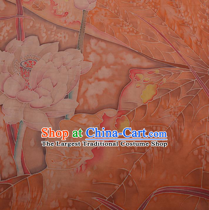 Traditional Chinese Classical Lotus Pattern Design Orange Satin Watered Gauze Brocade Fabric Asian Silk Fabric Material