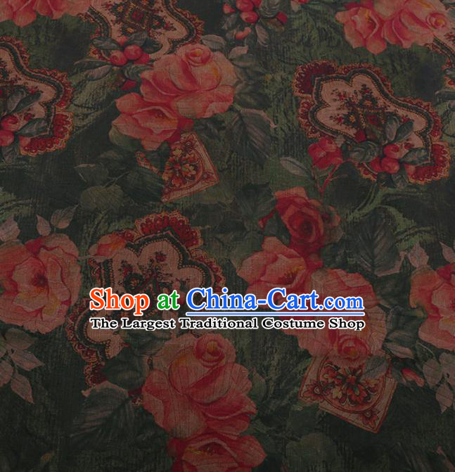 Traditional Chinese Satin Classical Roses Pattern Design Green Watered Gauze Brocade Fabric Asian Silk Fabric Material