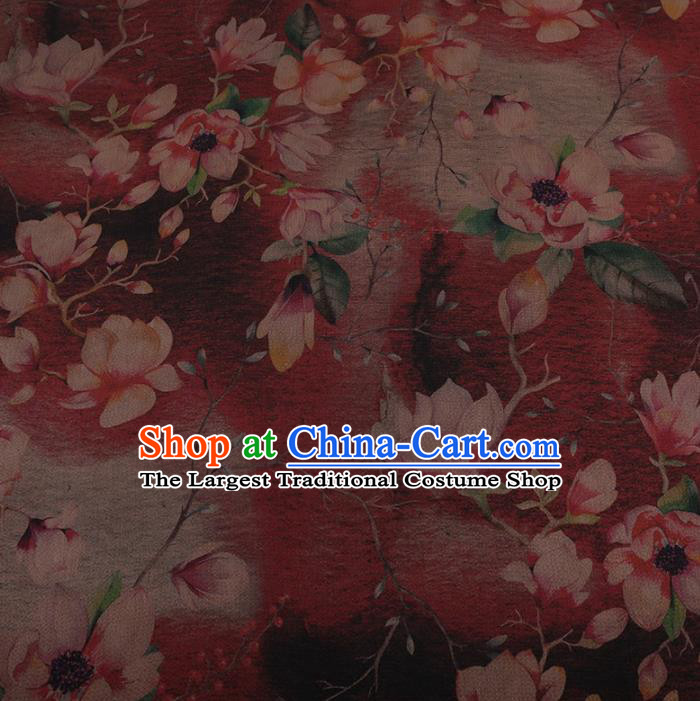 Traditional Chinese Classical Magnolia Pattern Design Wine Red Satin Watered Gauze Brocade Fabric Asian Silk Fabric Material