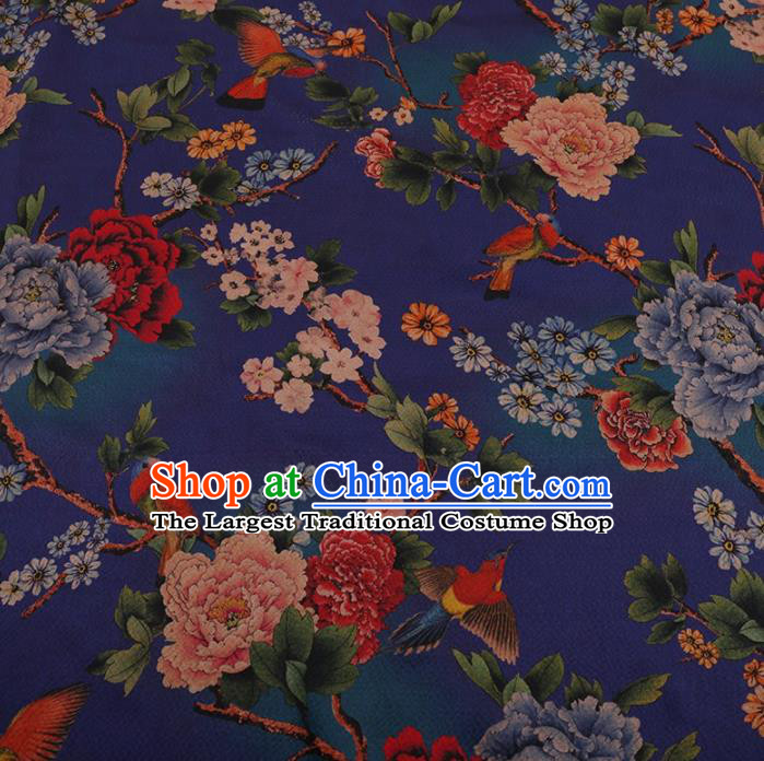 Traditional Chinese Classical Peony Plum Pattern Design Blue Satin Watered Gauze Brocade Fabric Asian Silk Fabric Material