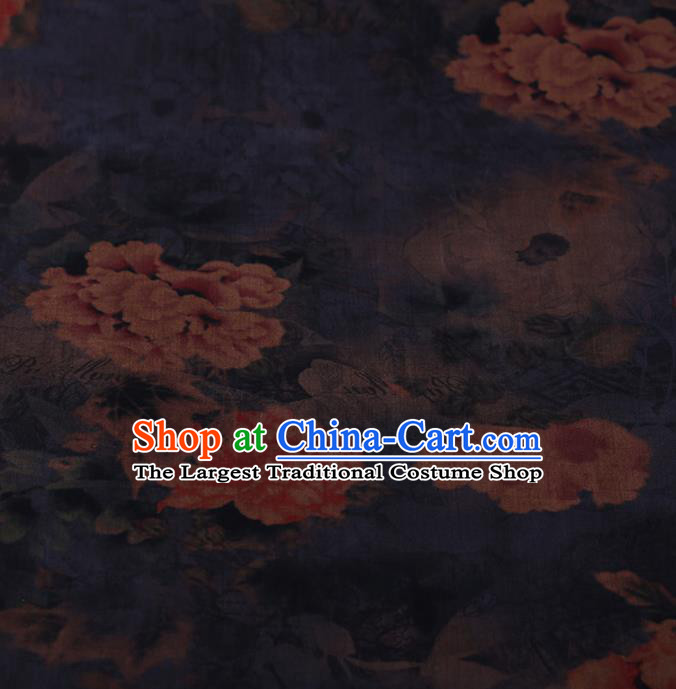 Traditional Chinese Classical Peony Pattern Design Navy Satin Watered Gauze Brocade Fabric Asian Silk Fabric Material