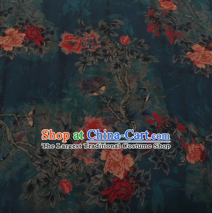 Traditional Chinese Classical Peony Flowers Pattern Design Green Satin Watered Gauze Brocade Fabric Asian Silk Fabric Material