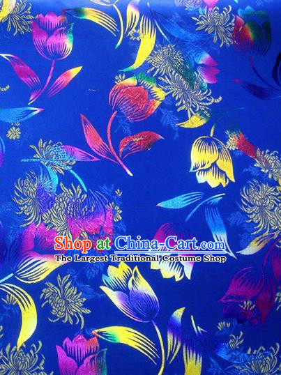 Chinese Classical Gilding Tulip Pattern Design Royalblue Brocade Asian Traditional Hanfu Silk Fabric Tang Suit Fabric Material