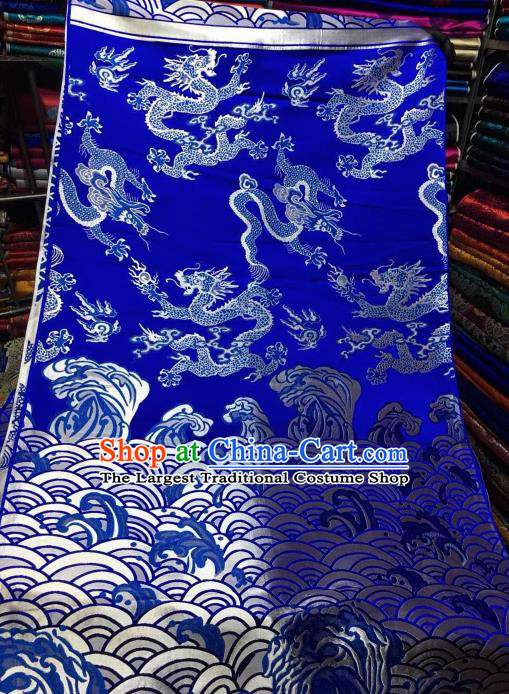 Asian Chinese Royal Wave Dragon Pattern Design Royalblue Brocade Fabric Traditional Tang Suit Satin Classical Drapery Silk Material