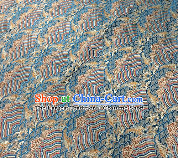 Traditional Chinese Classical Waves Pattern Design Fabric Blue Brocade Tang Suit Satin Drapery Asian Silk Material