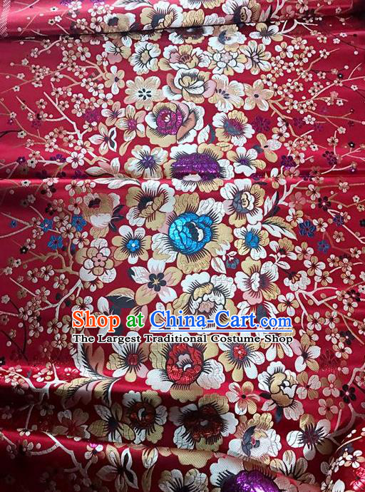 Asian Chinese Dress Wine Red Satin Classical Rich Flowers Pattern Design Red Brocade Fabric Traditional Drapery Silk Material