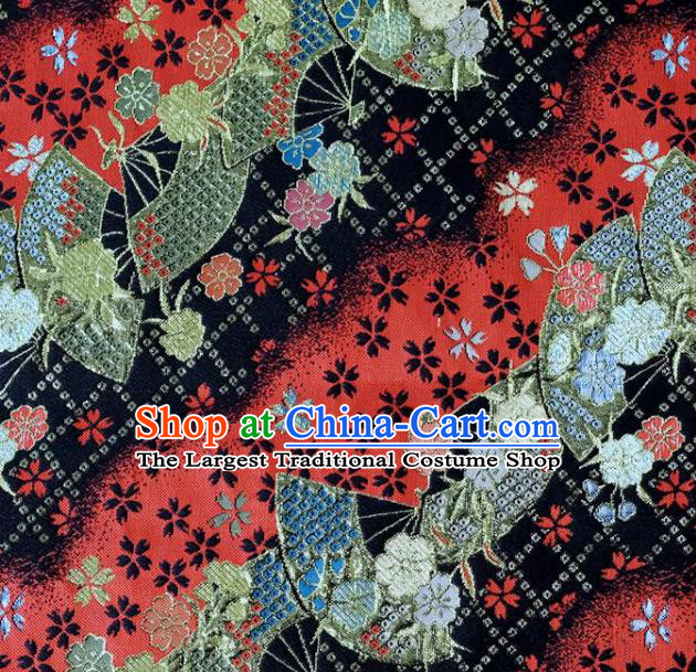 Asian Japanese Kimono Fabric Classical Fan Pattern Design Black Brocade Traditional Drapery Silk Material