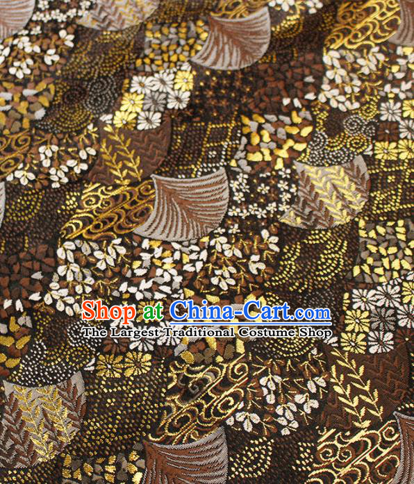 Asian Japanese Kimono Brown Satin Fabric Classical Fan Pattern Design Brocade Traditional Drapery Silk Material