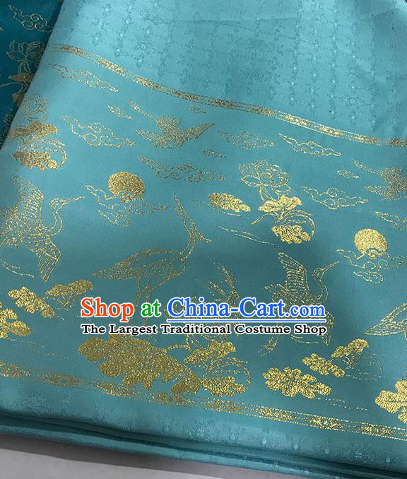 Chinese Hanfu Dress Blue Brocade Classical Crane Lotus Pattern Design Satin Fabric Asian Traditional Drapery Silk Material