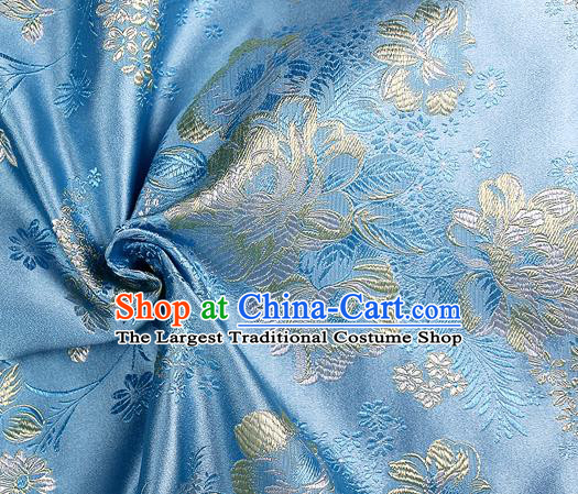 Chinese Classical Peony Pattern Design Blue Satin Fabric Brocade Asian Traditional Drapery Silk Material