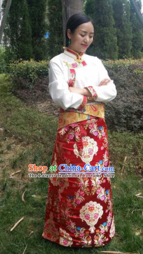 Chinese Traditional Zang Nationality Female Dress Ethnic Dance Costume Red Tibetan Robe for Women