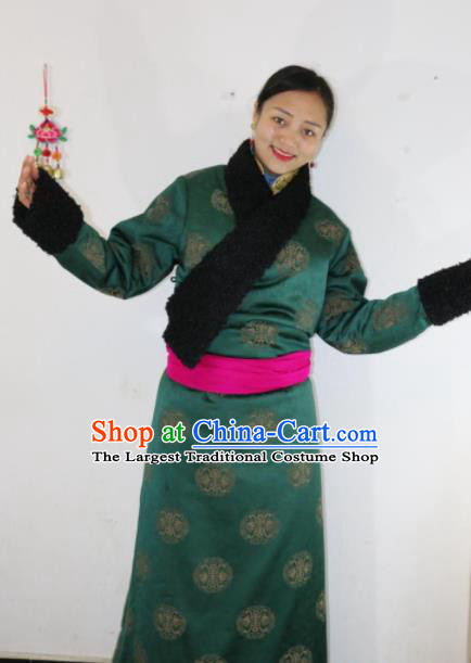 Chinese Traditional Zang Nationality Female Dress Green Tibetan Robe Ethnic Dance Costume for Women